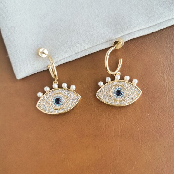 Alicia Bonnie | Sophia Evil Eye | Zirconia & Pearl Gold Drop Earrings - Picture 4 of 4